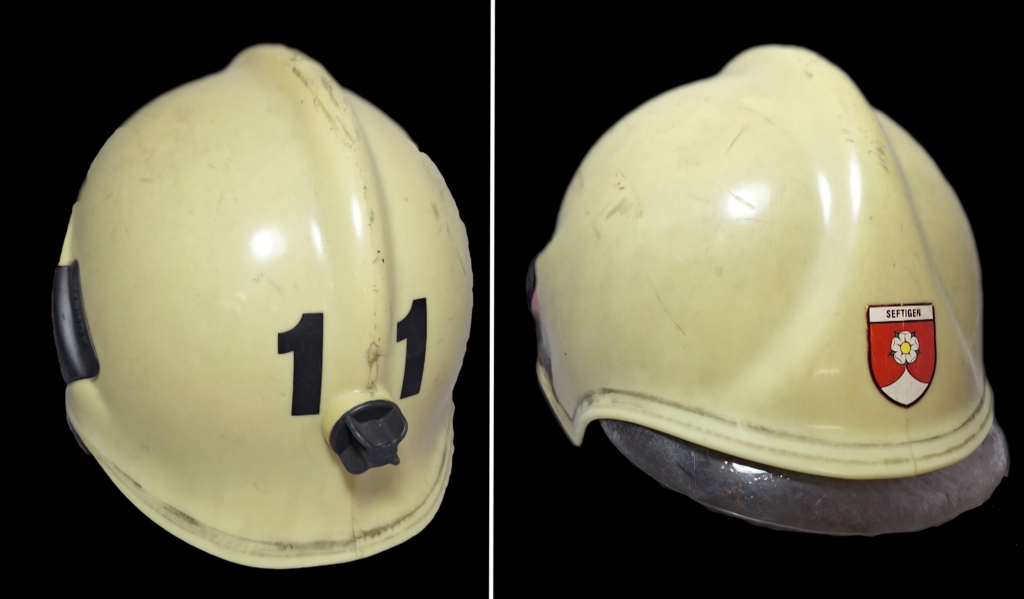 ~124 Feuerwehrhelm Schweiz CH Gemeinde Seftigen beige No. 11 Rosenbauer Helm ~124 Feuerwehrhelm Schweiz CH Gemeinde Seftigen beige No. 11 Rosenbauer Helm
