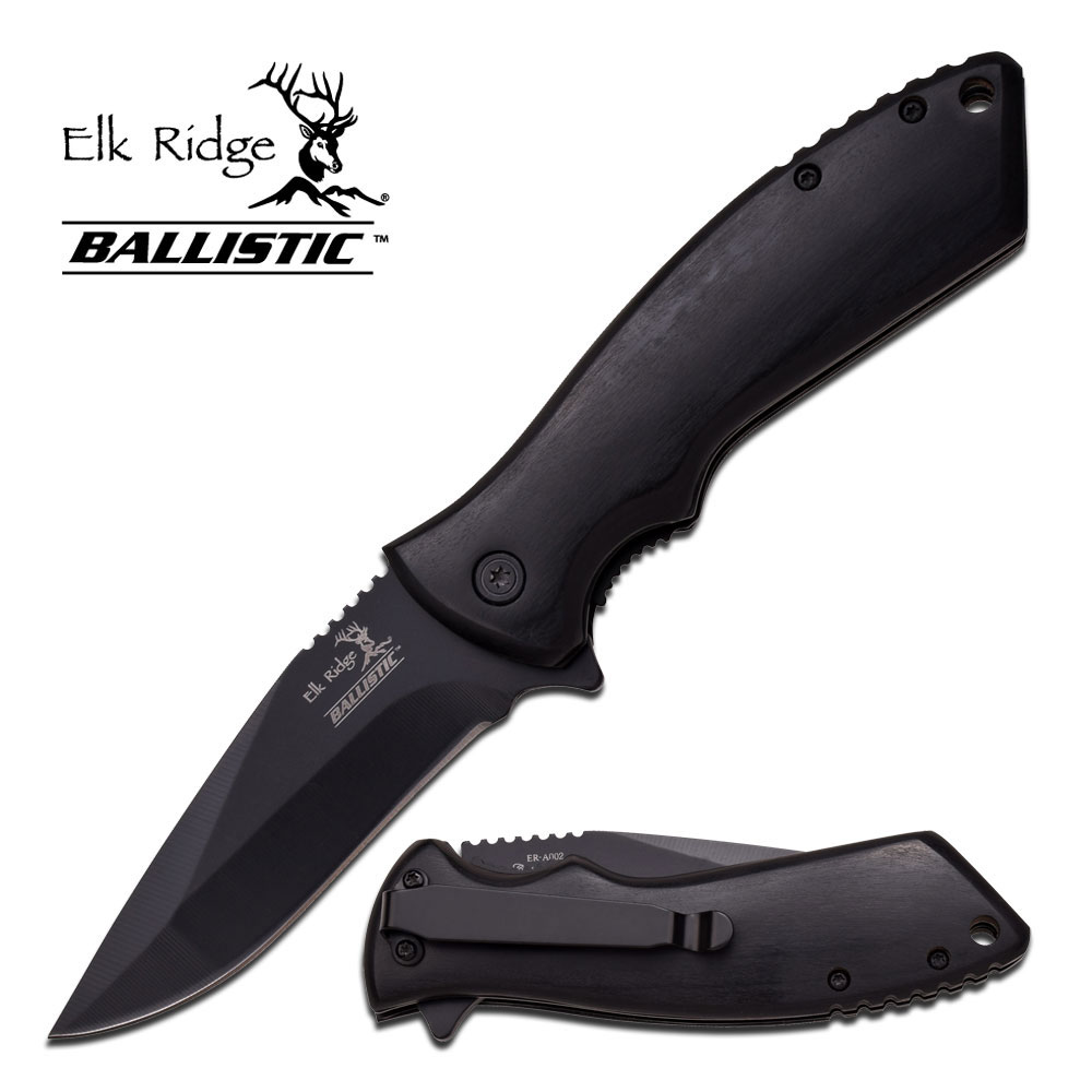 Elk Ridge Taschenmesser Federunterstützt schwarzer Pakkaholzgriff ER-A002BK