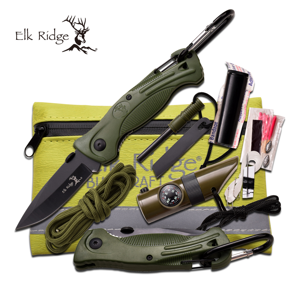 Elk Ridge SURVIVAL KIT Taschen-Messer LED-Lampe Kompass Angel-Set u.v.m. ER-PK4G